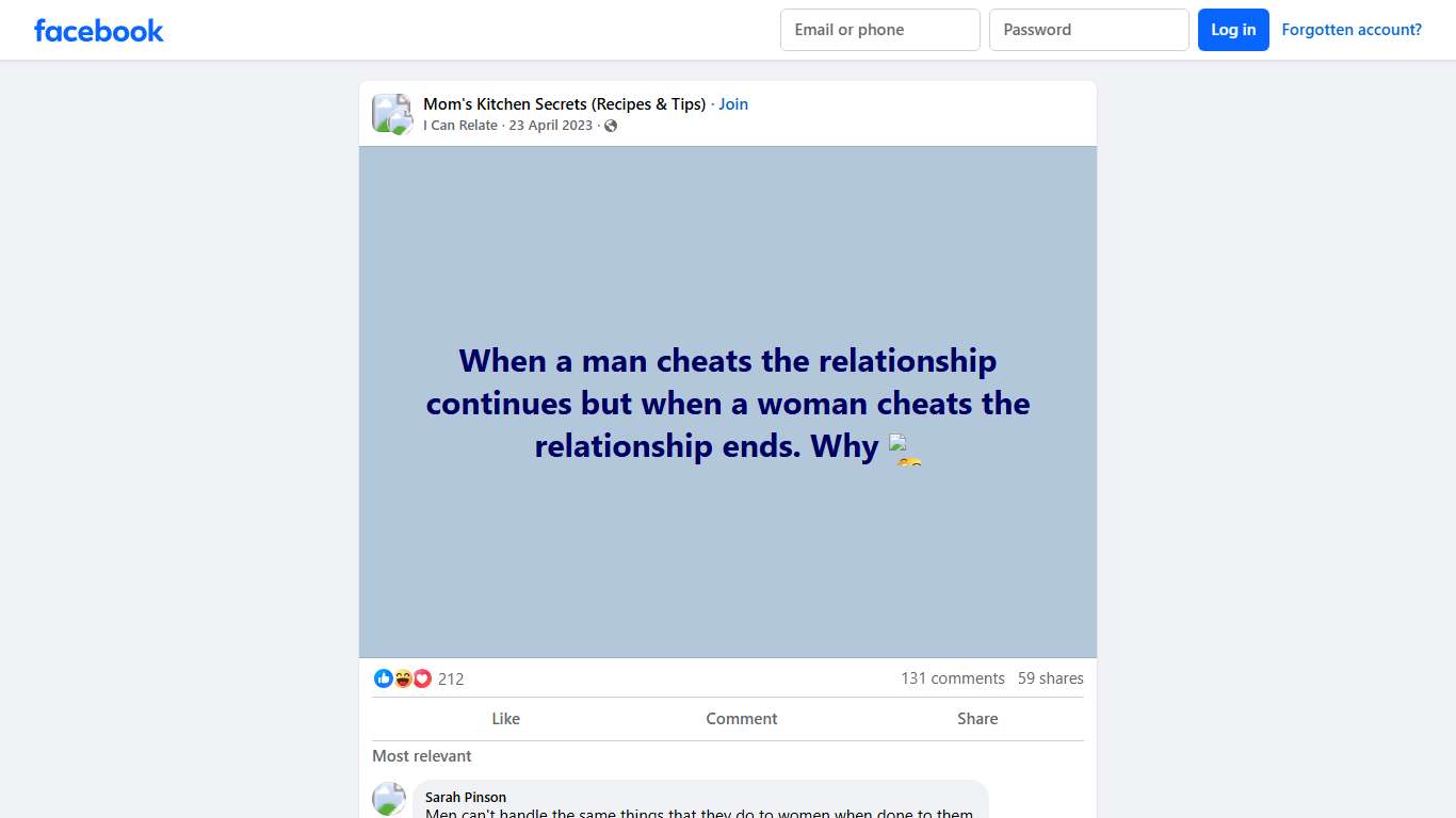 Mom's Kitchen Secrets (Recipes & Tips) When a man cheats the relationship continues but when a woman cheats the relationship ends Facebook